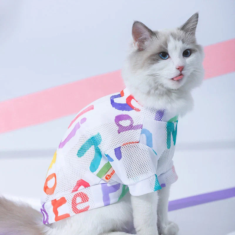 Camiseta de malla para gatos transpirable para verano, control del pelo